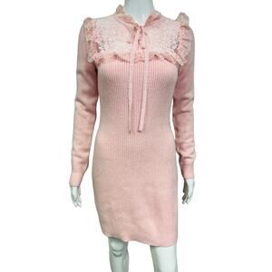 LOVESHACKFANCY Pink Ribbed Knit Bellini Ruffle Lace Sweater Mini Dress S